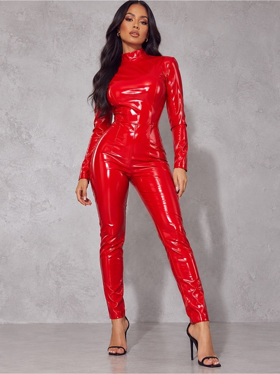 PrettyLittleThing Pants - PrettyLittleThing Red Backless High Shine Vinyl Jumpsuit US 8 NWT Halloween